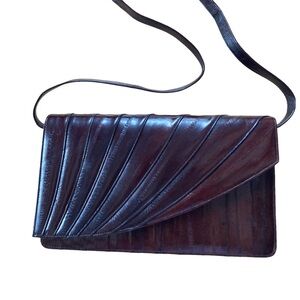 Vtg 80s EEL SKIN Clutch Purse Shoulder Bag Brown Leather Strap Korea EUC